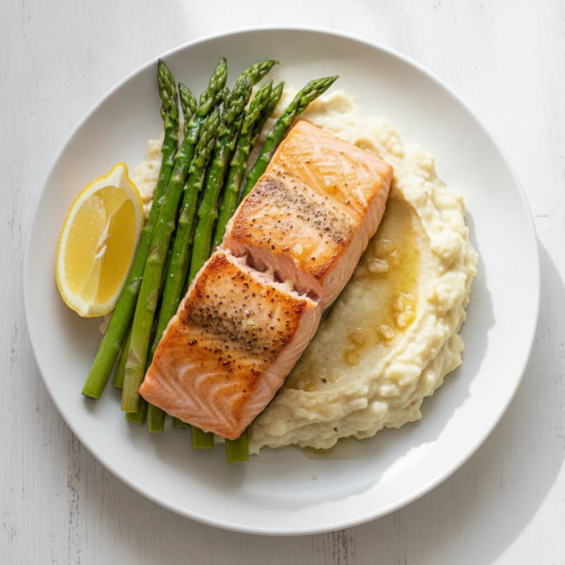 Seared Salmon with Steamed Asparagus and Cauliflower Mash