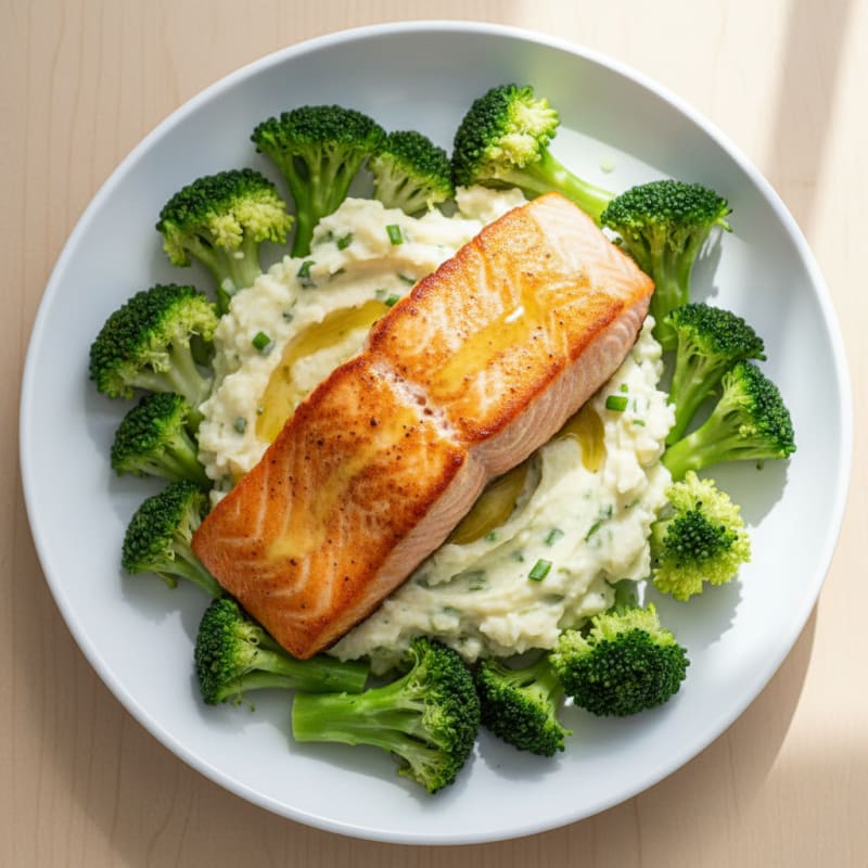 Pan-Seared Salmon with Herb Mashed Potatoes and Steamed Broccoli