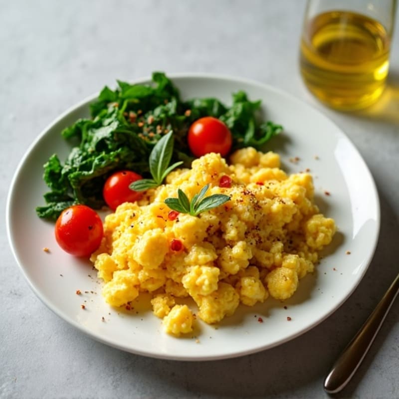 Fluffy Scrambled Eggs with Sautéed Spinach and Cherry Tomatoes