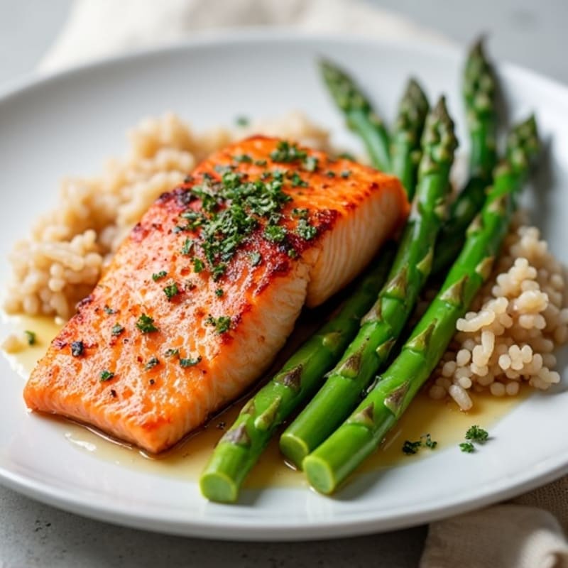 Seared Salmon with Steamed Asparagus and Brown Rice