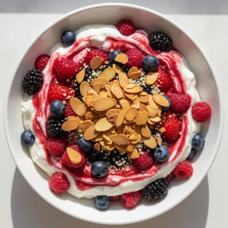 Greek Yogurt Protein Parfait with Mixed Berries and Almonds
