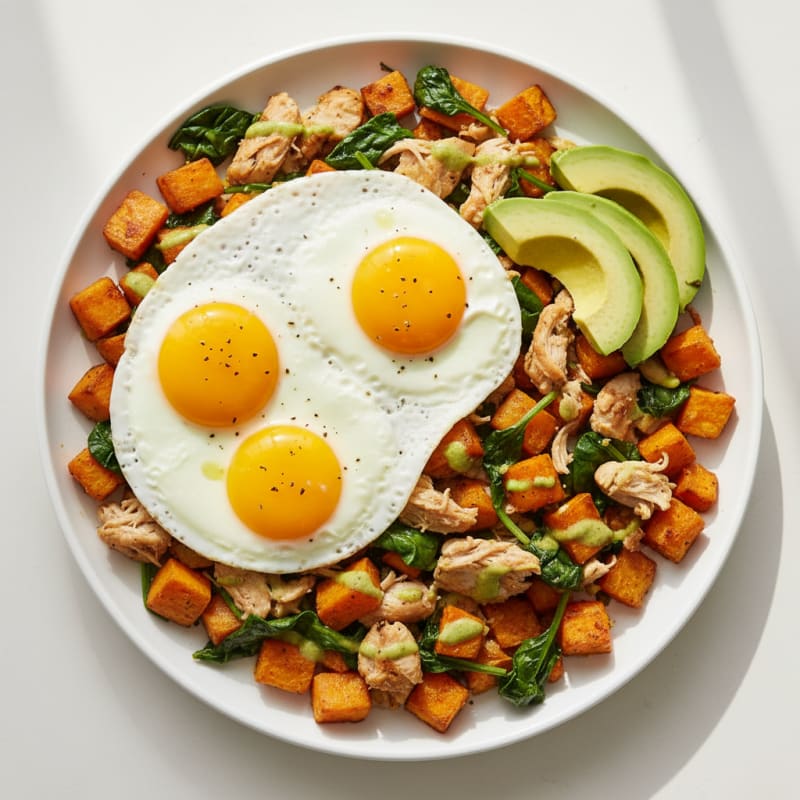 Egg and Sweet Potato Hash with Sautéed Spinach