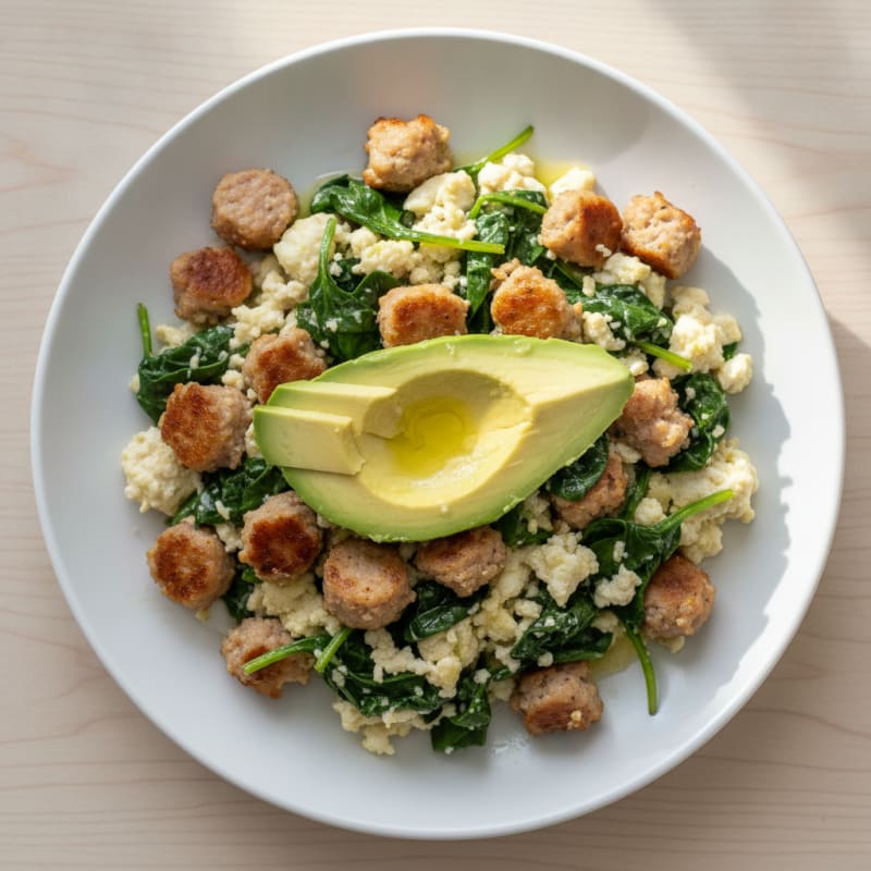 Egg White and Turkey Sausage Scramble with Sautéed Spinach