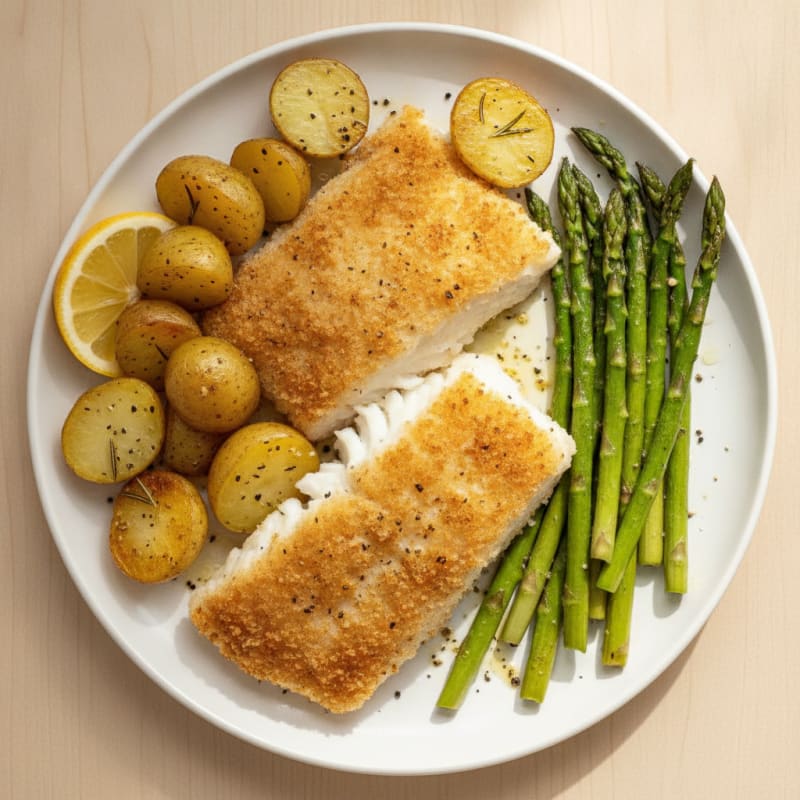 Air Fryer Breaded Cod with Asparagus and Baby Potatoes