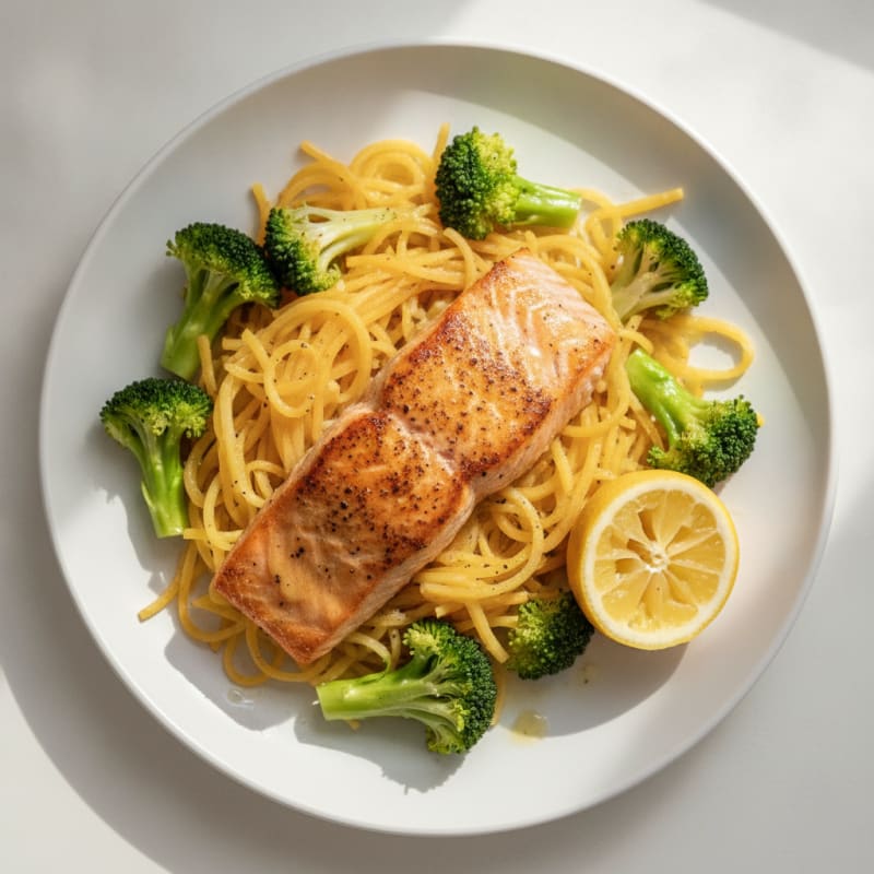 Seared Salmon with Steamed Broccoli and Spaghetti Squash
