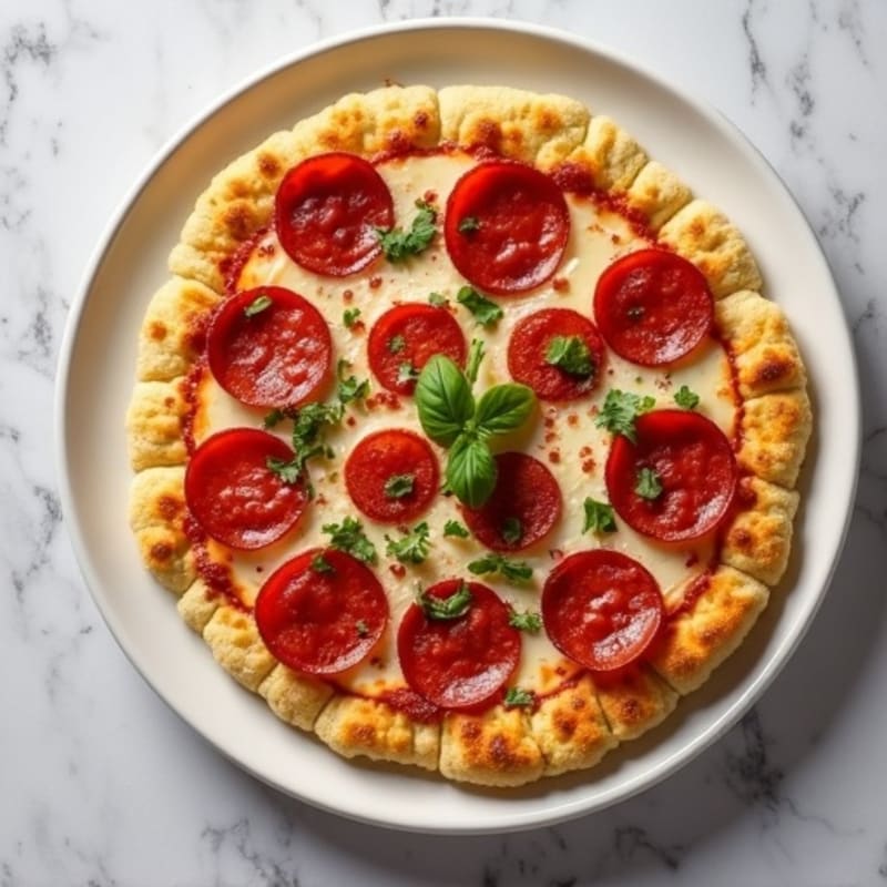 Crispy Cauliflower Crust Flatbread with Savory Turkey Pepperoni and Sweet Caramelized Onions
