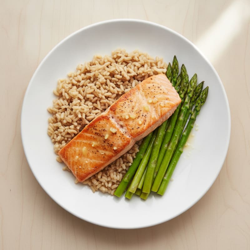 Seared Salmon with Steamed Asparagus and Brown Rice