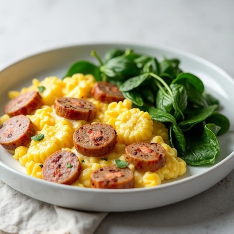 Egg White and Turkey Sausage Scramble with Sautéed Spinach