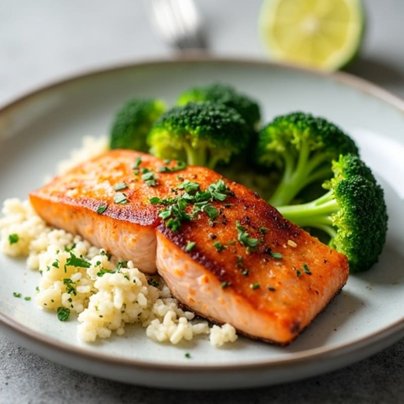 Seared Salmon with Steamed Broccoli and Cauliflower Rice