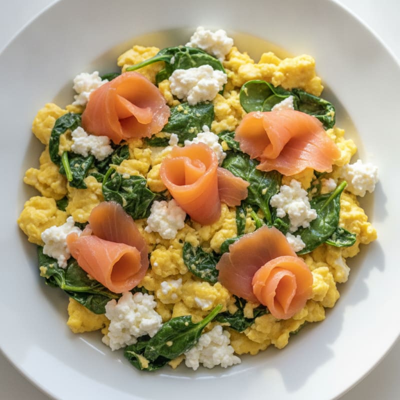 Cottage Cheese Egg Scramble with Smoked Salmon and Spinach