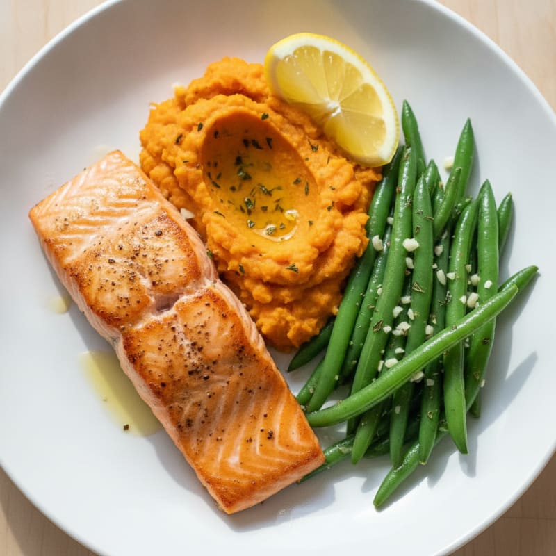 Seared Salmon Fillet with Garlic Green Beans and Sweet Potato Mash
