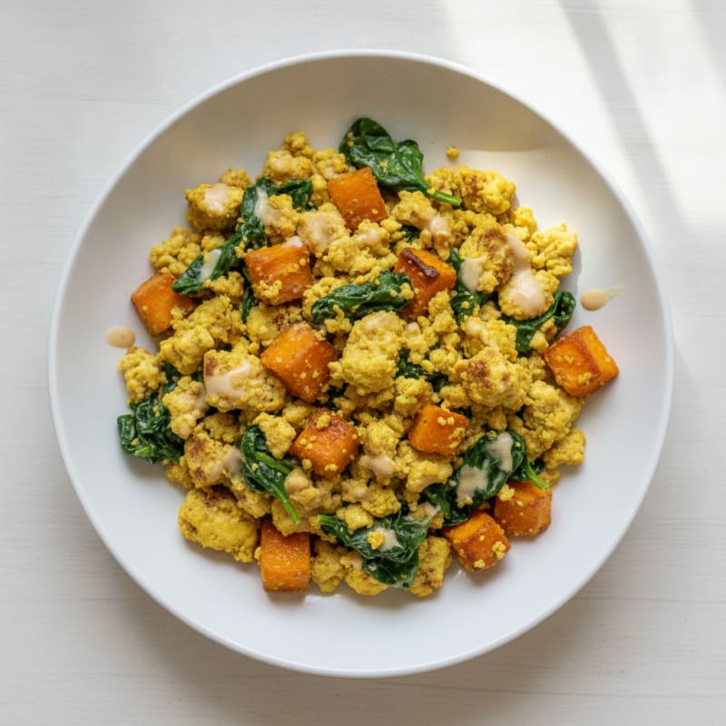 Creamy Tofu Scramble with Spinach and Sweet Potato