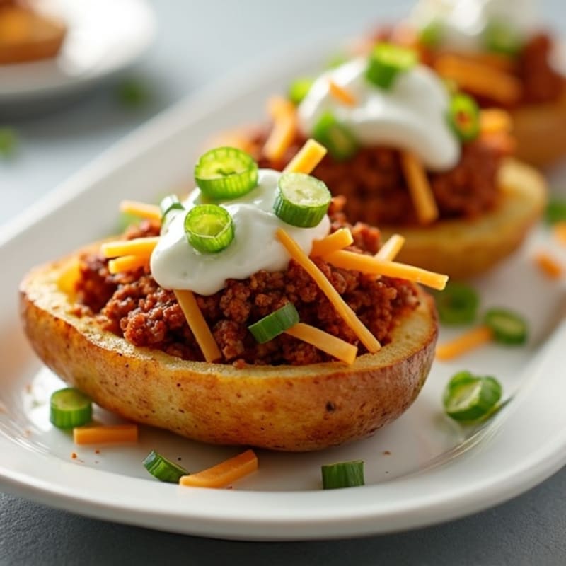 Crispy Roasted Potato Skins with Lean Beef Chili and Sharp Cheddar