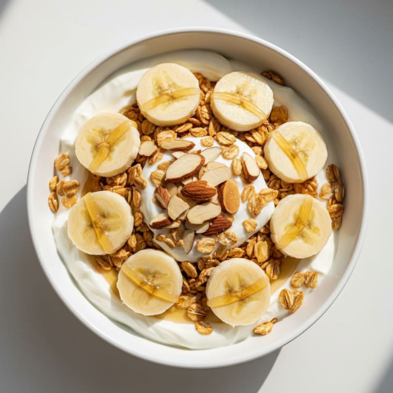 Protein Yogurt Parfait with Sliced Banana and Almonds