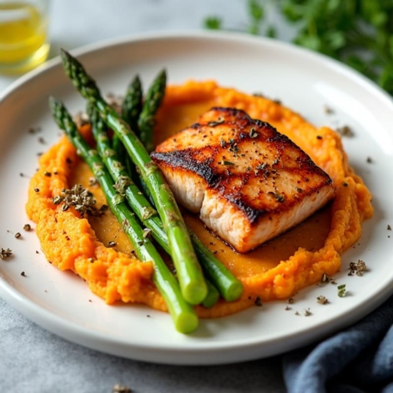 Seared Salmon Fillet with Roasted Asparagus and Sweet Potato Mash