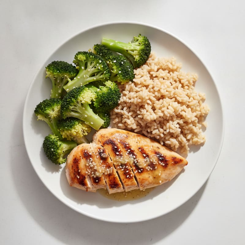 Grilled Chicken Breast with Steamed Broccoli and Brown Rice