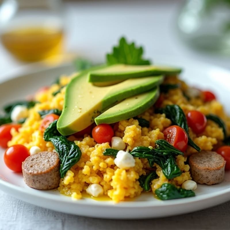 Cottage Cheese Scramble with Turkey Sausage and Sautéed Spinach