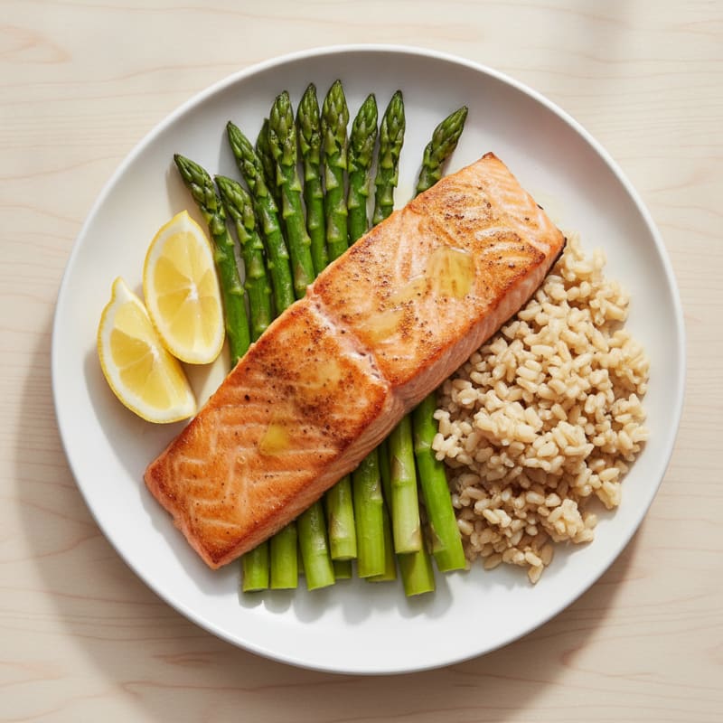 Seared Salmon Fillet with Steamed Asparagus and Brown Rice