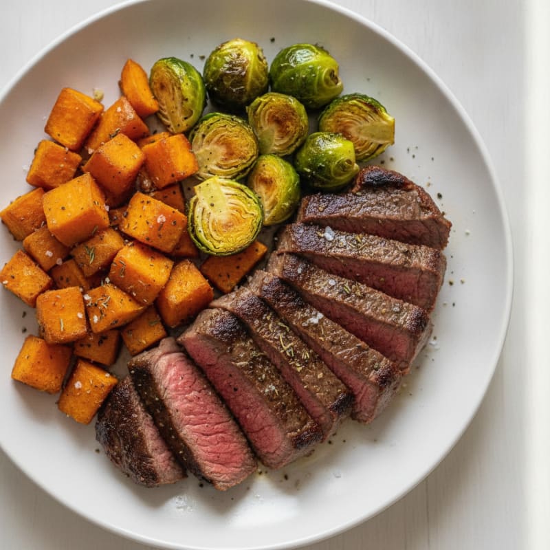 Garlic Herb Roasted Beef with Sweet Potatoes and Brussels Sprouts