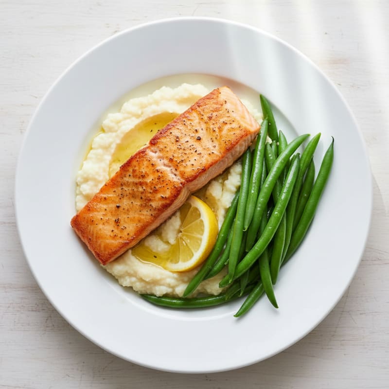 Seared Salmon with Steamed Green Beans and Cauliflower Mash