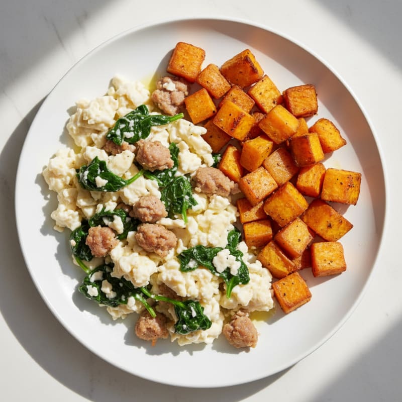Egg White and Turkey Sausage Scramble with Spinach and Roasted Sweet Potatoes