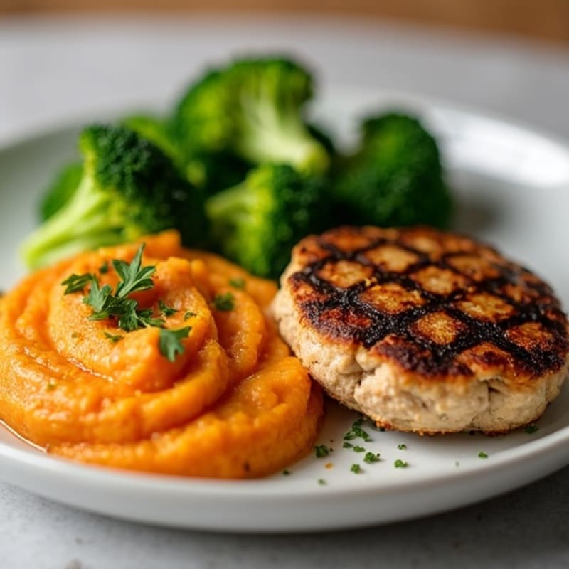 Grilled Turkey Patty with Steamed Broccoli and Sweet Potato Mash