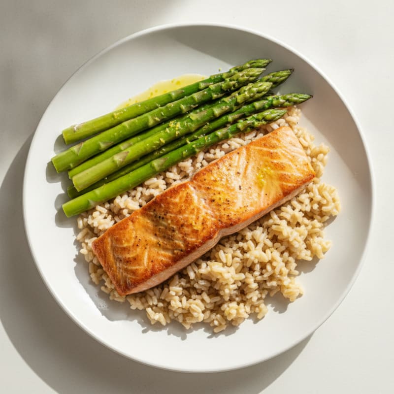 Seared Salmon with Steamed Asparagus and Brown Rice