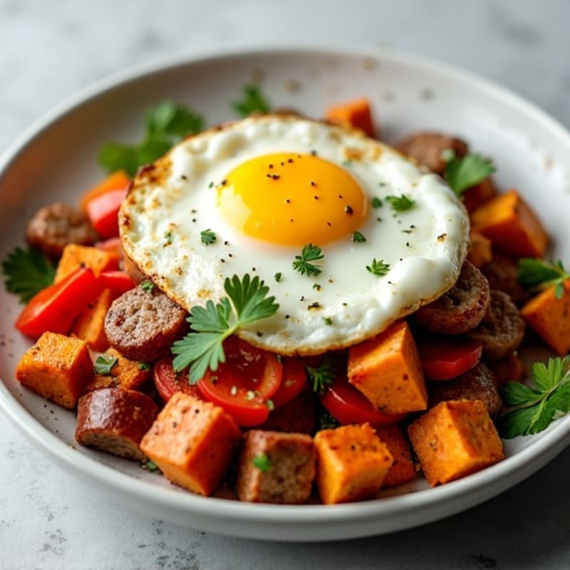 Savory Crispy Sweet Potato Hash with Fresh Herbs and Fried Eggs