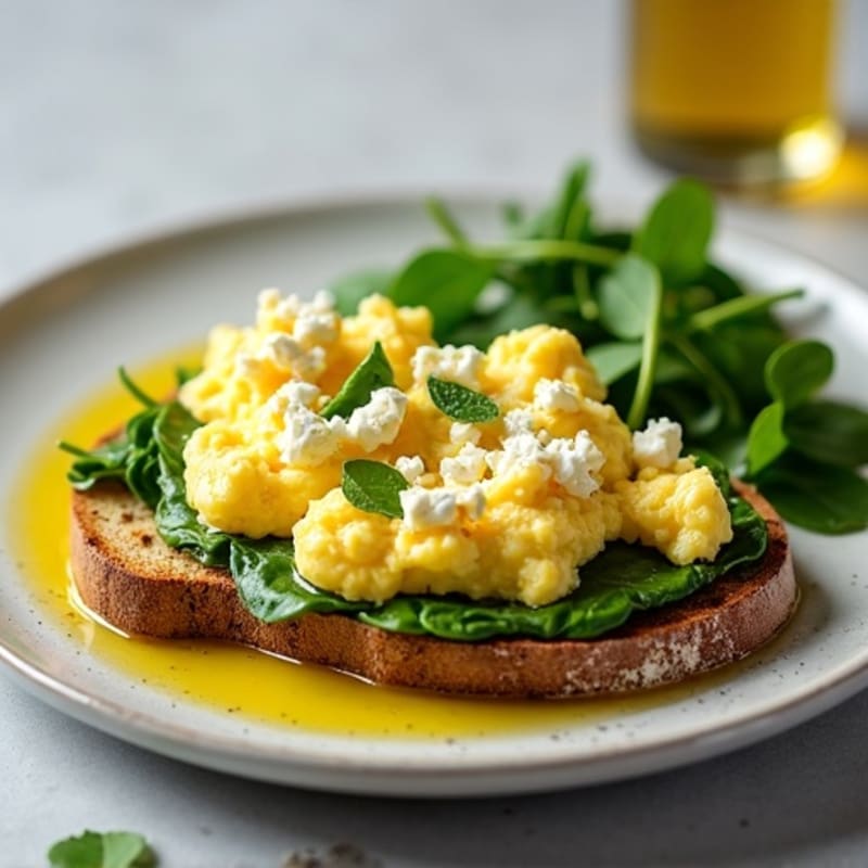 Scrambled Eggs with Spinach and Feta on Whole Grain Toast