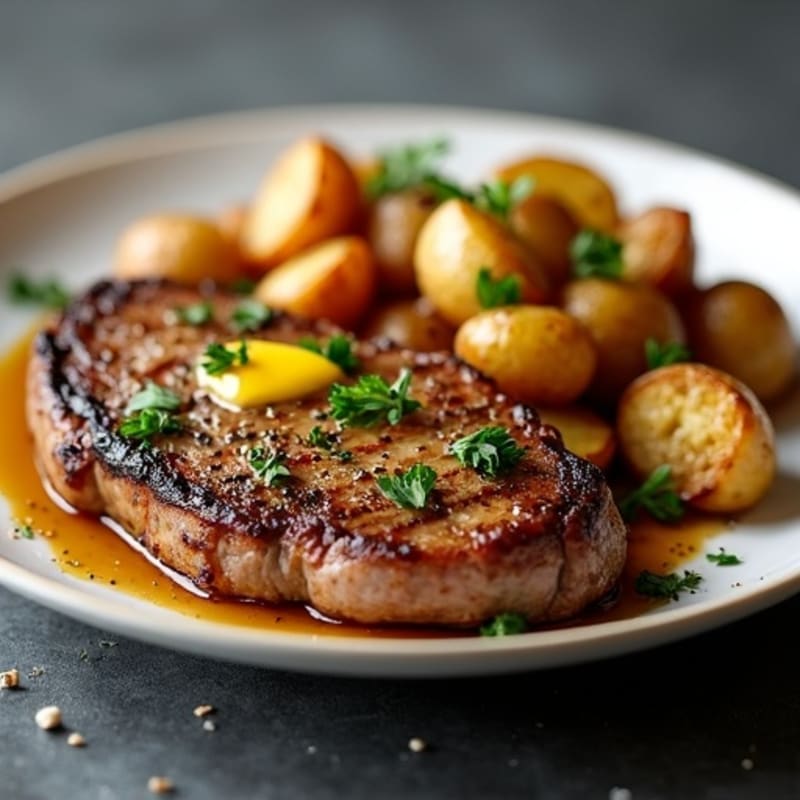 Pan-Seared Garlic Butter Steak with Crispy Roasted Potatoes