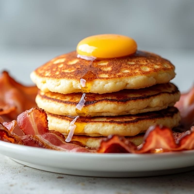 Fluffy Protein Pancakes with Crispy Hash Browns and Crispy Lean Bacon