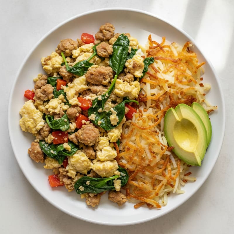 Egg White and Turkey Sausage Scramble with Crispy Hash Browns
