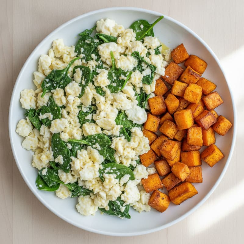 Egg White and Spinach Scramble with Roasted Sweet Potato