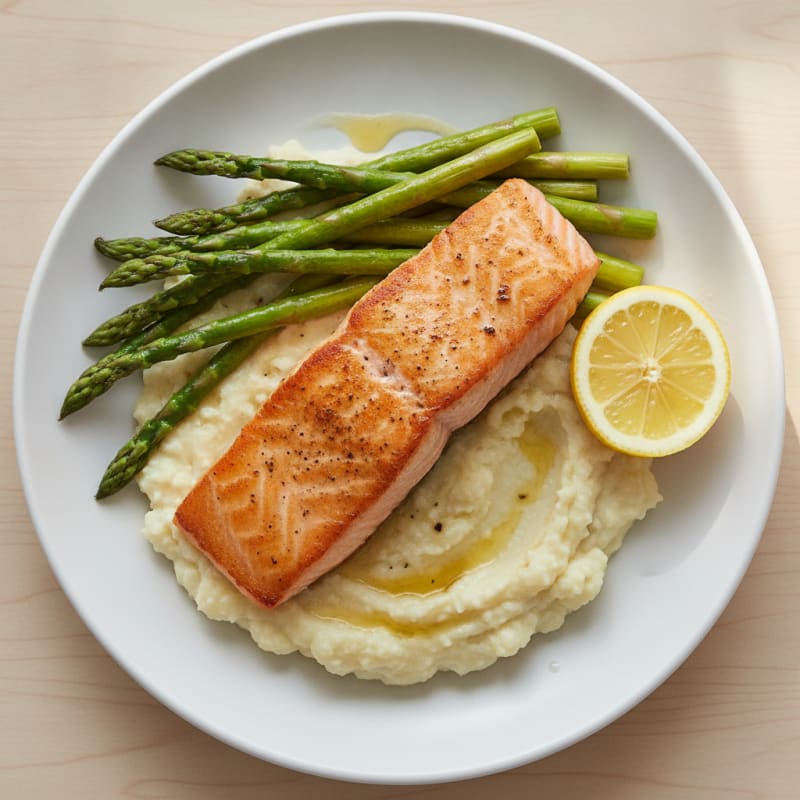 Seared Salmon with Steamed Asparagus and Cauliflower Mash