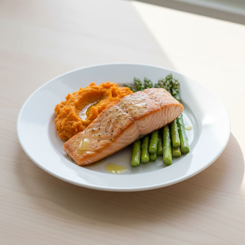 Seared Salmon with Steamed Asparagus and Sweet Potato Mash