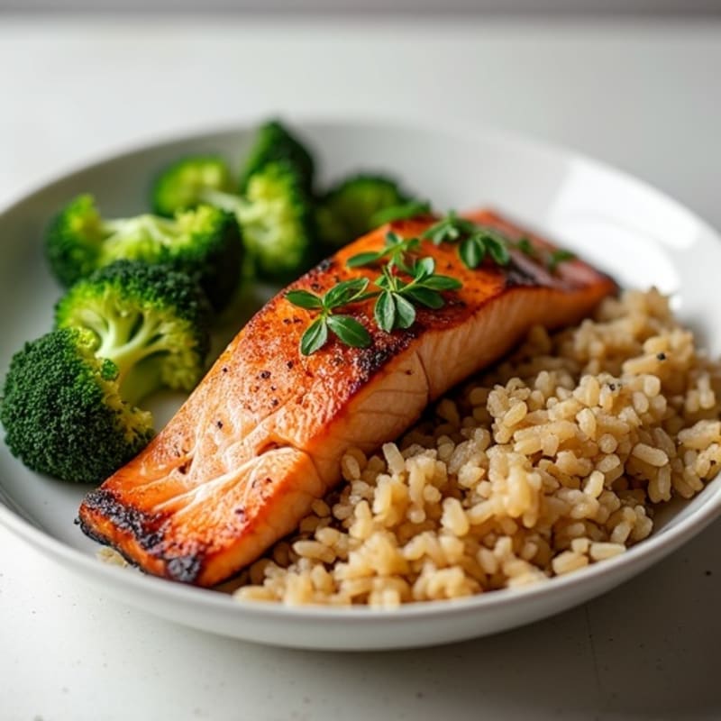 Seared Salmon with Steamed Broccoli and Brown Rice