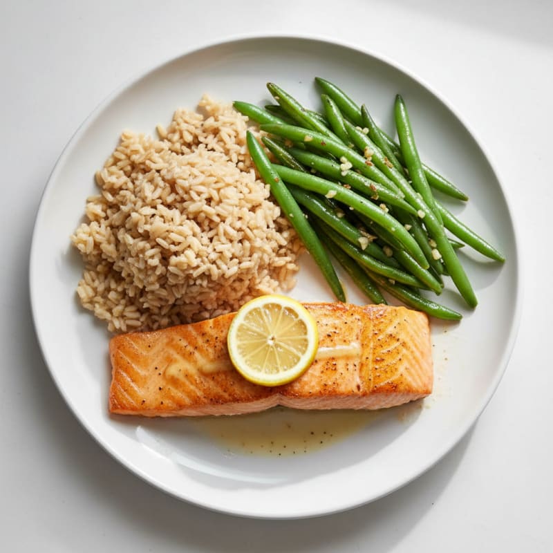 Seared Salmon with Garlic Green Beans and Brown Rice
