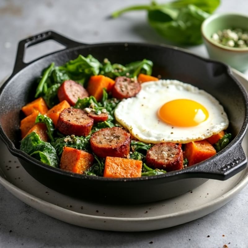 Protein-Packed Breakfast Skillet with Crispy Sweet Potatoes, Lean Turkey Sausage, and Sautéed Greens
