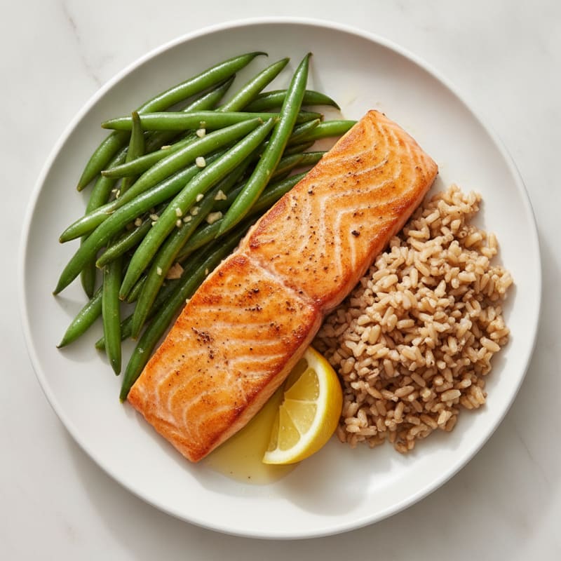 Seared Salmon with Garlic Green Beans and Brown Rice