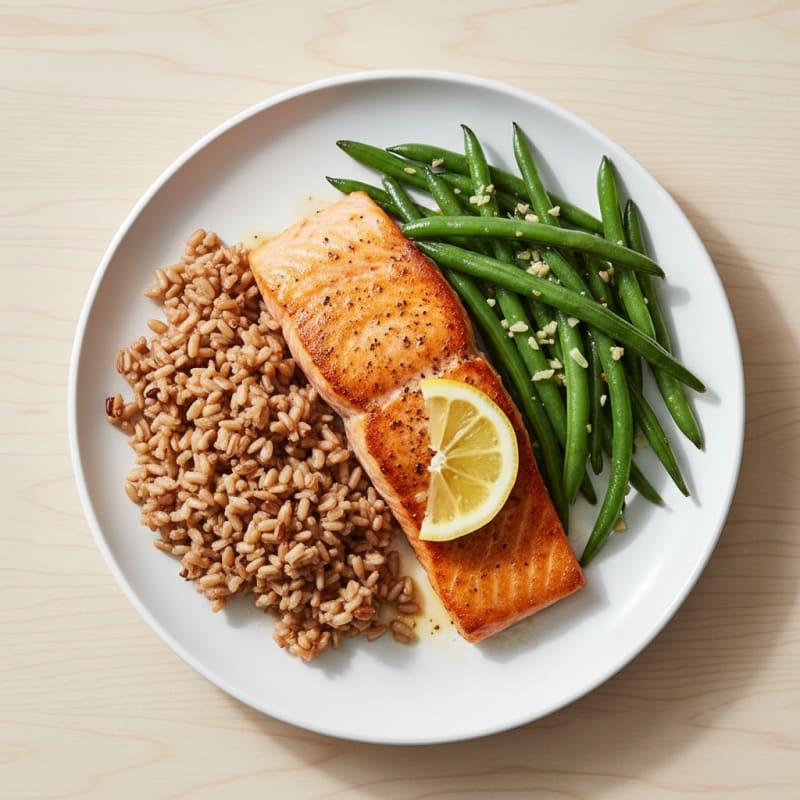 Seared Salmon with Garlic Green Beans and Brown Rice