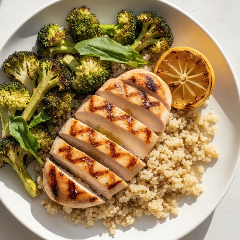 Grilled Chicken Breast with Roasted Broccoli and Quinoa