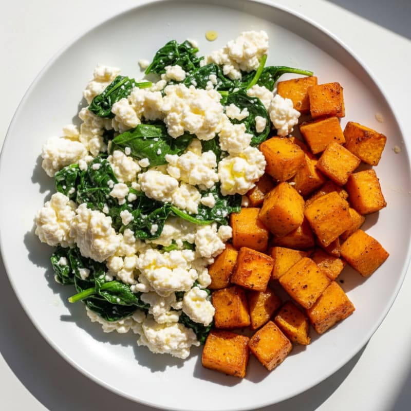 Egg White and Spinach Scramble with Cottage Cheese and Roasted Sweet Potatoes