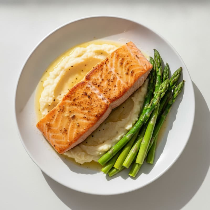 Seared Salmon with Steamed Asparagus and Cauliflower Mash