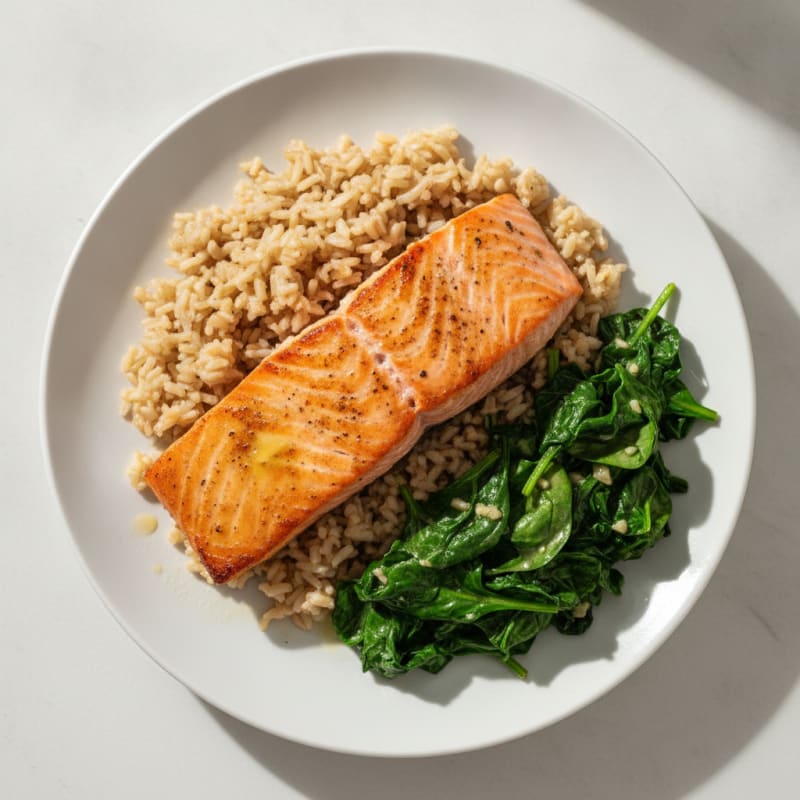 Seared Salmon with Garlic Sautéed Spinach and Brown Rice