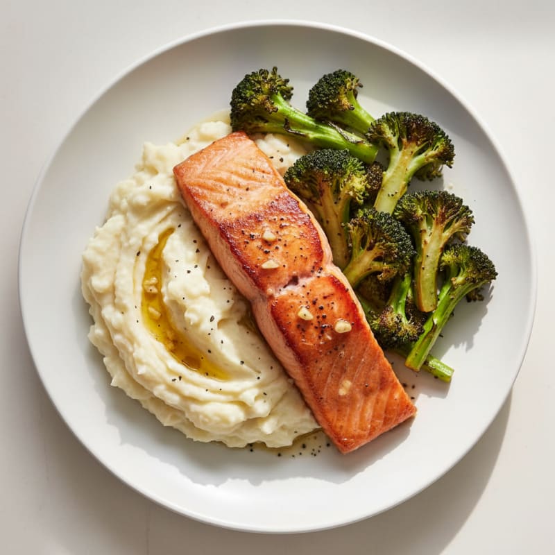 Seared Salmon with Roasted Broccoli and Garlic Mash