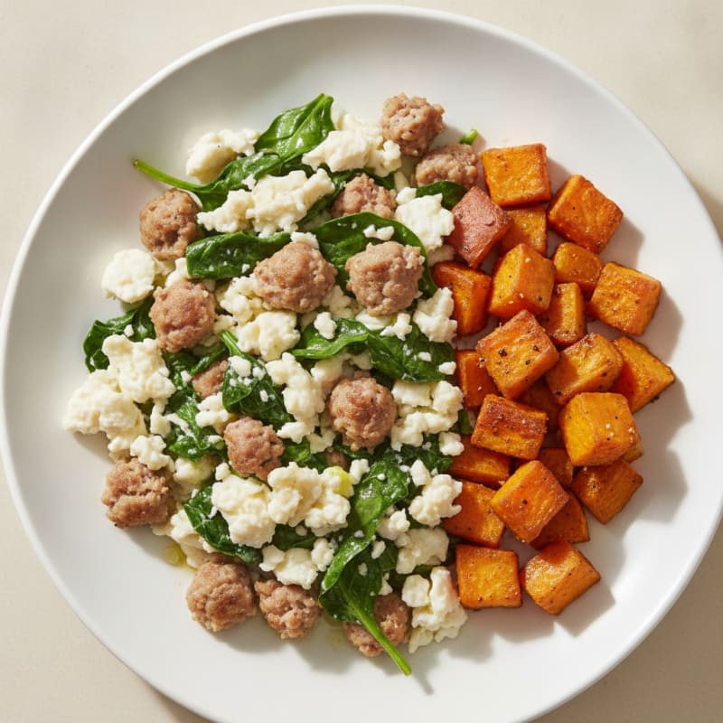 Egg White and Turkey Sausage Scramble with Spinach and Roasted Sweet Potato
