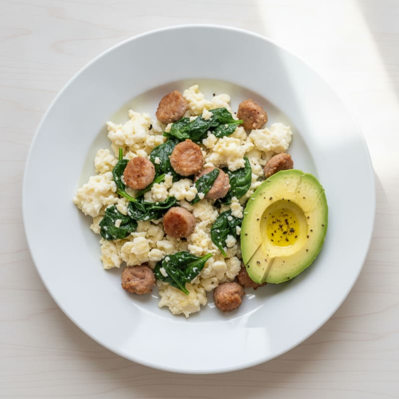 Egg White Scramble with Turkey Sausage and Sautéed Spinach