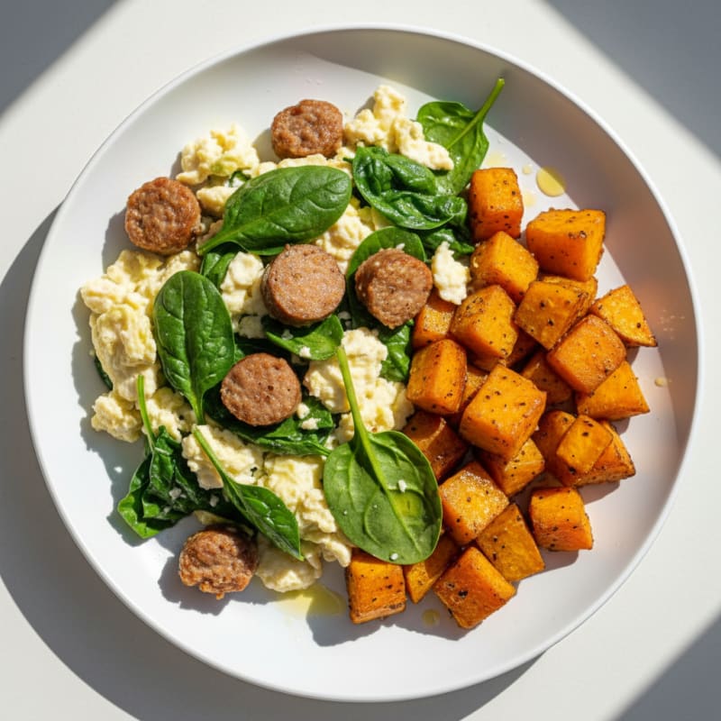 Egg White Spinach Scramble with Turkey Sausage and Roasted Sweet Potatoes