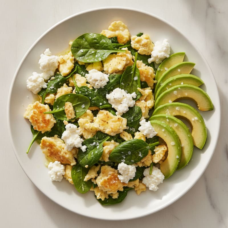 Egg White Spinach Scramble with Cottage Cheese and Sliced Avocado