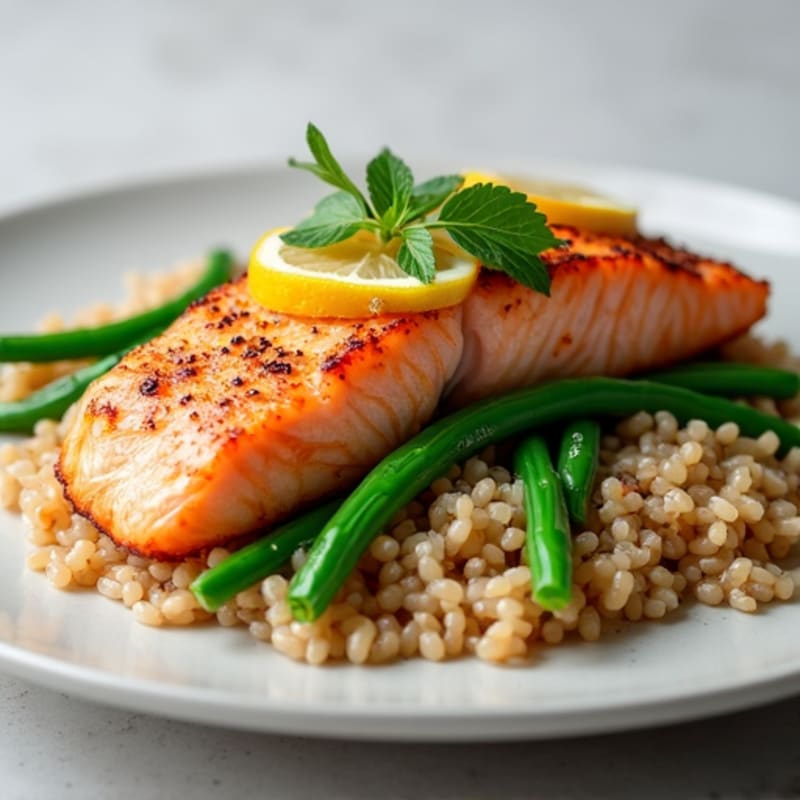 Pan-Seared Salmon with Steamed Green Beans and Brown Rice
